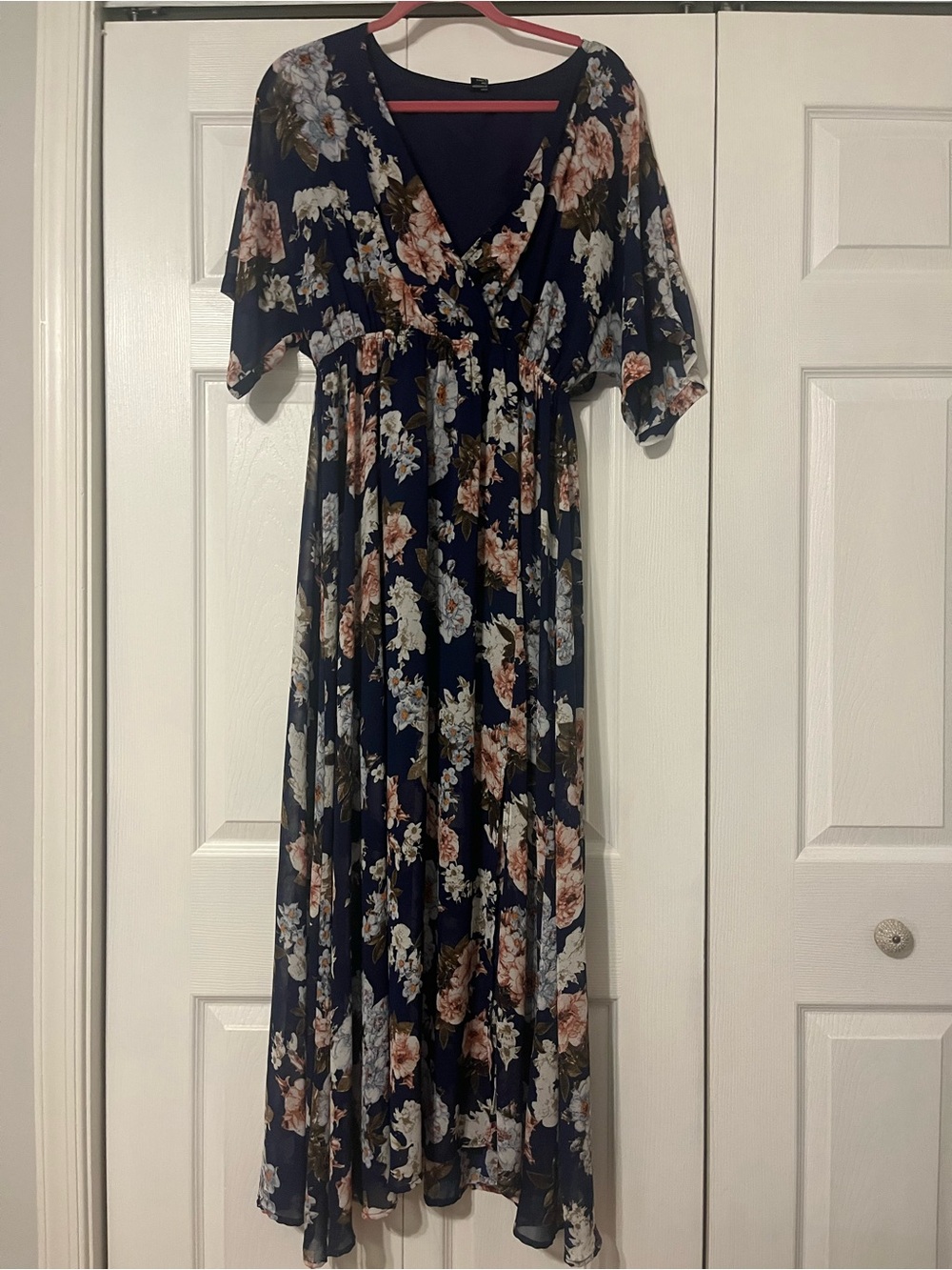 Navy Floral V-Neck Maxi Dress with Tie Waist and Flutter Sleeves